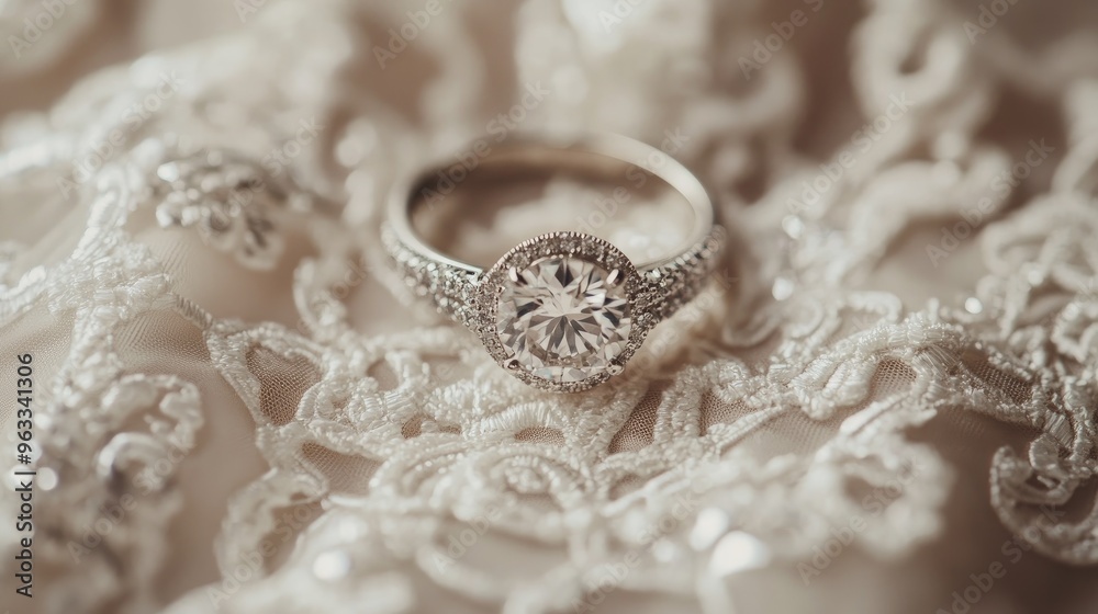 Stunning engagement ring laying on a wedding dress, showcasing intricate detail and the beauty of the special moment.