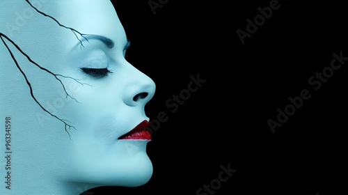 Ethereal Portrait Blue Woman Cracked Skin Red Lips Artistic Expression. AI Generated