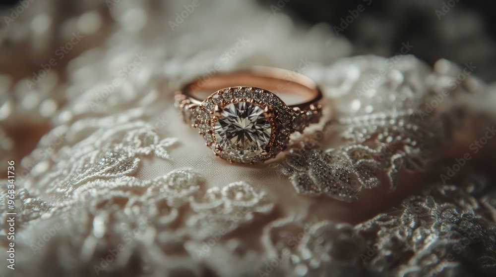 Fototapeta premium Stunning engagement ring laying on a wedding dress, showcasing intricate detail and the beauty of the special moment.