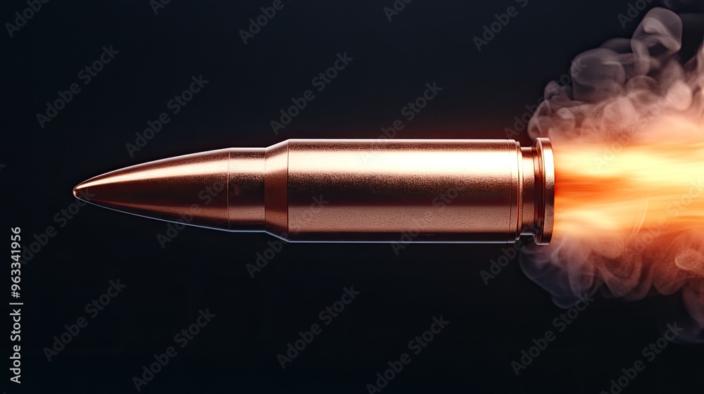 Dynamic image of a bullet in motion, showcasing the power of firearms with smoke and flame effects as it propels forward. Dynamic image of a bullet in motion, showcasing the power of firearms with smoke and flame effects as it propels forward.