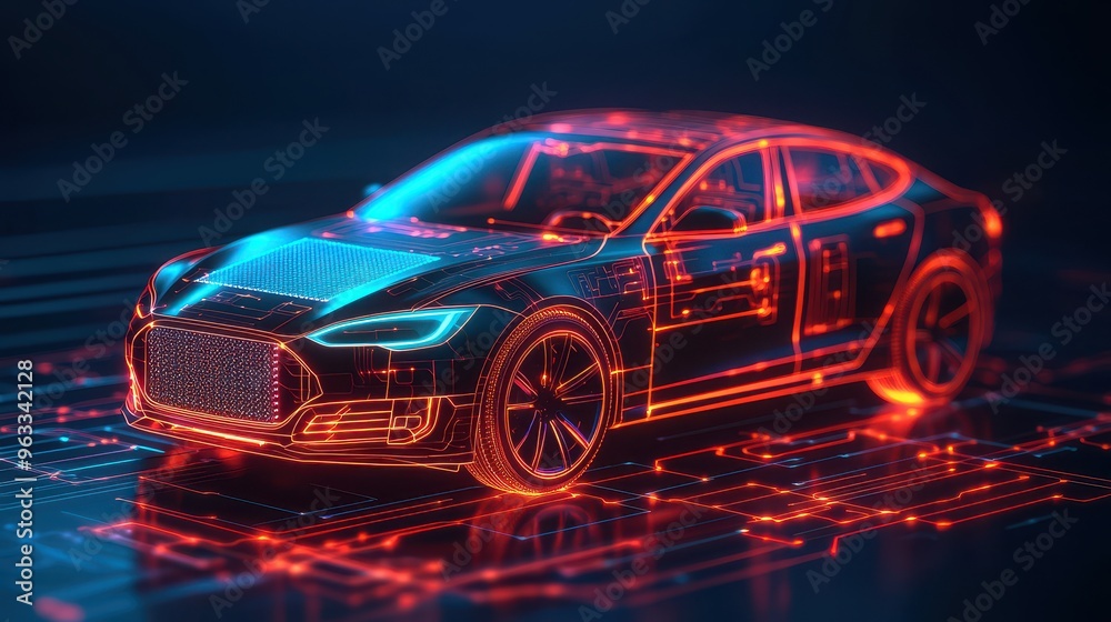A futuristic car with a red and blue design A futuristic car with a red and blue design