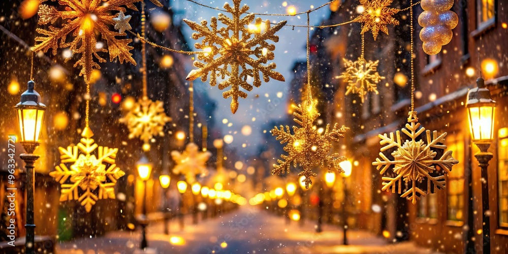 Snowflakes gently fall on a festively decorated street, soft golden lighting illuminates the scene, with vibrant colors and sharp details on every ornament.