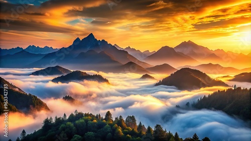 A breathtaking and dramatic landscape of a misty mountain range at sunrise with layers of fog rolling over the rugged peaks. photo