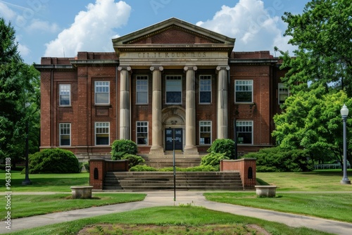 Traditional university building with columns standing on a green lawn on a beautiful summer day