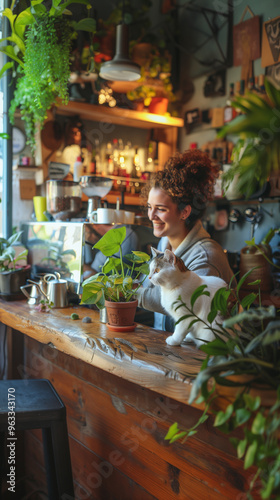 A short-haired cat sitting on a wooden coffee bar counter among potplants with a woman barista or waitress with curly hair. Vertical wallpaper background.