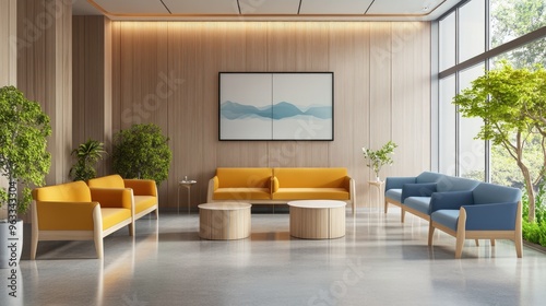 The calm ambiance of a bright hospital waiting area, designed with modern touches to provide comfort.