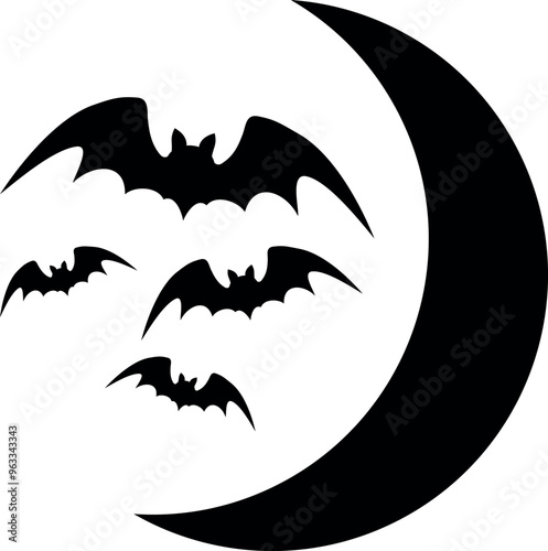 Flat isolated halloween bats. Cartoon bats and moon illustration vector.