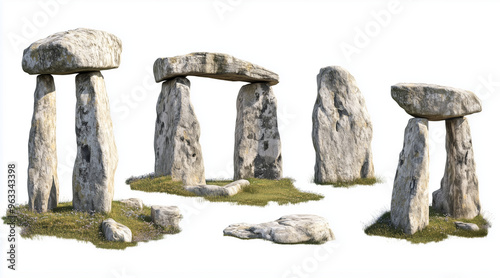 Graphical collection of dolmens and megaliths isolated on white background. Geological formations isolated on white. Photo realistic photo