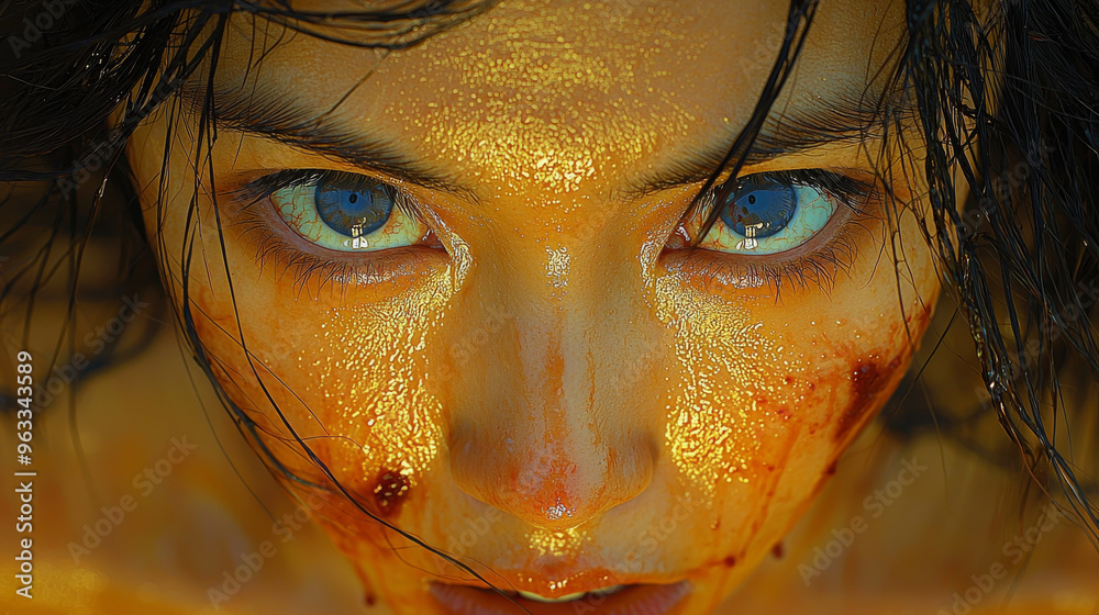 A close-up of a woman's face, covered in a golden substance and blood. A close-up of a woman's face, covered in a golden substance and blood.