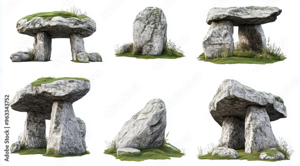 Graphical collection of dolmens and megaliths isolated on white background. Geological formations isolated on white. Photo realistic photo Graphical collection of dolmens and megaliths isolated on white background. Geological formations isolated on white. Photo realistic photo