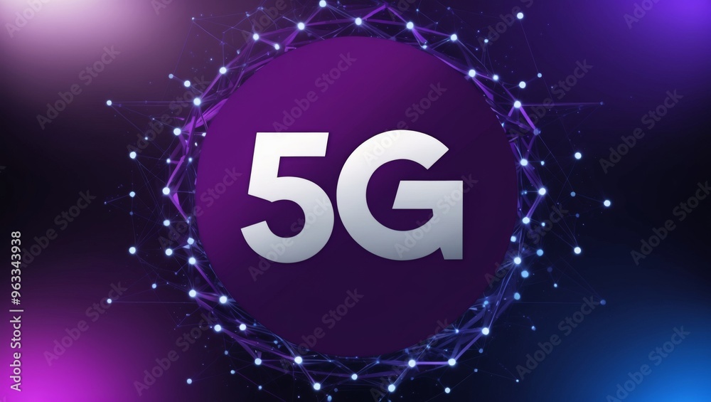 The image shows a 5G network symbol against a dynamic, tech-inspired background The image shows a 5G network symbol against a dynamic, tech-inspired background