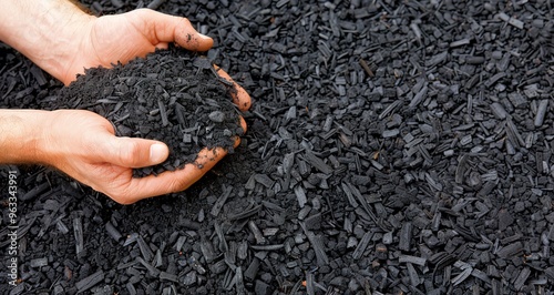 Close up of hands holding black mulch, a sustainable gardening material. Perfect for adding rich color and texture to your garden beds.