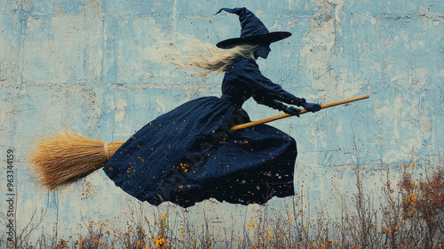 A woman in a witch costume flies on a broomstick in front of a blue wall.