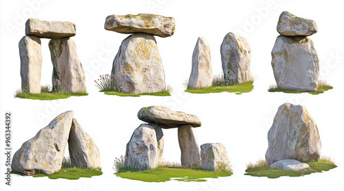 Graphical collection of dolmens and megaliths isolated on white background. Geological formations isolated on white. Photo realistic photo