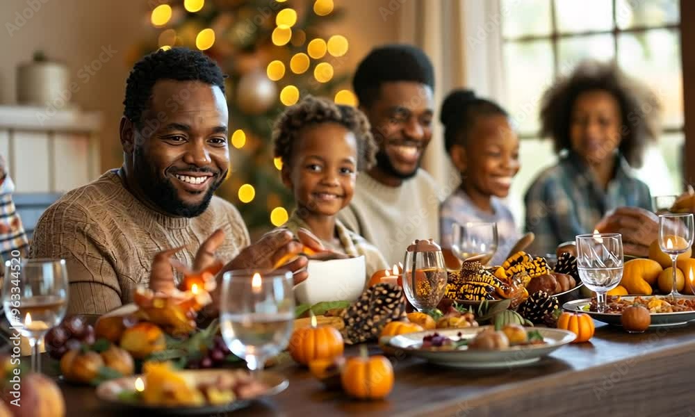Family Thanksgiving Feast: A heartwarming scene of a Black family gathered around a beautifully set Thanksgiving table, sharing a meal and laughter. The warm glow of the Christmas lights in the backgr Family Thanksgiving Feast: A heartwarming scene of a Black family gathered around a beautifully set Thanksgiving table, sharing a meal and laughter. The warm glow of the Christmas lights in the backgr