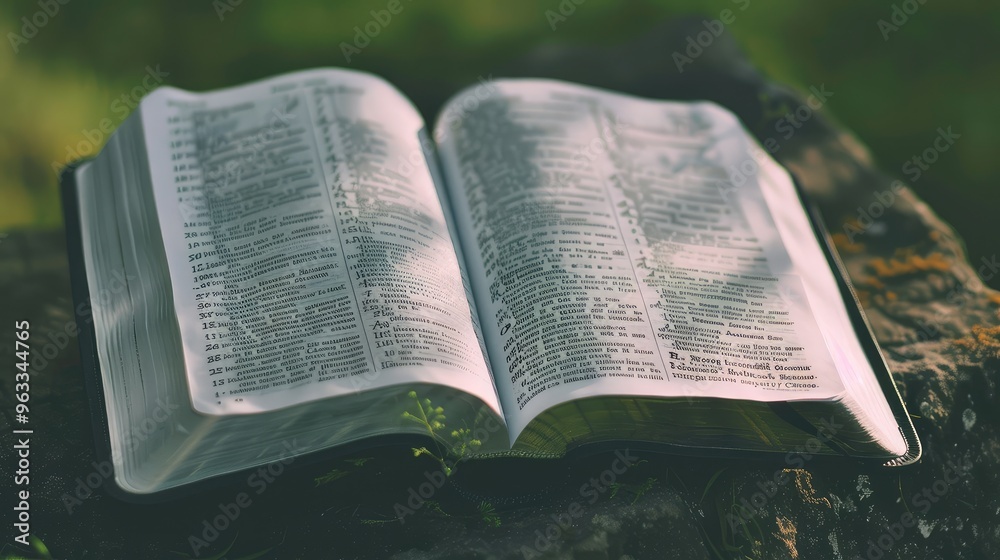 Fototapeta premium An Open Bible on a Rock Surrounded by Nature, Symbolizing Reflection and Tranquility