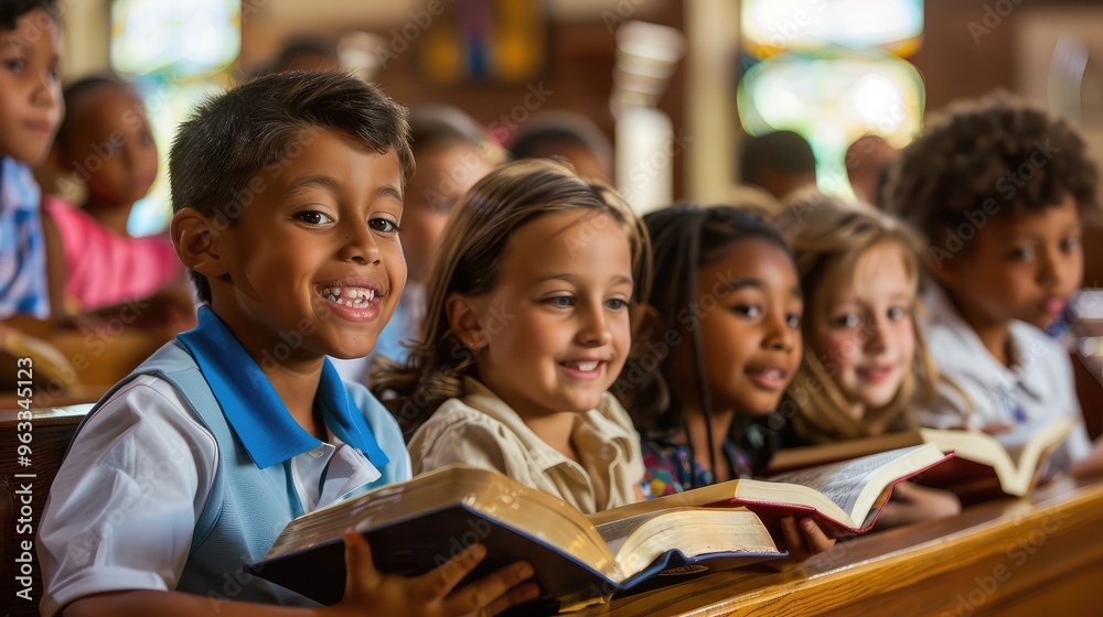 Joyful Children Engaged in Reading Together in a Church Setting Joyful Children Engaged in Reading Together in a Church Setting