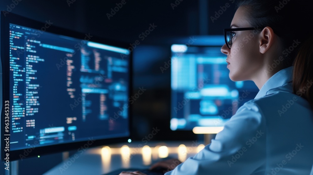 A focused programmer coding on dual monitors in a dimly lit workspace, highlighting modern technology and concentration. A focused programmer coding on dual monitors in a dimly lit workspace, highlighting modern technology and concentration.