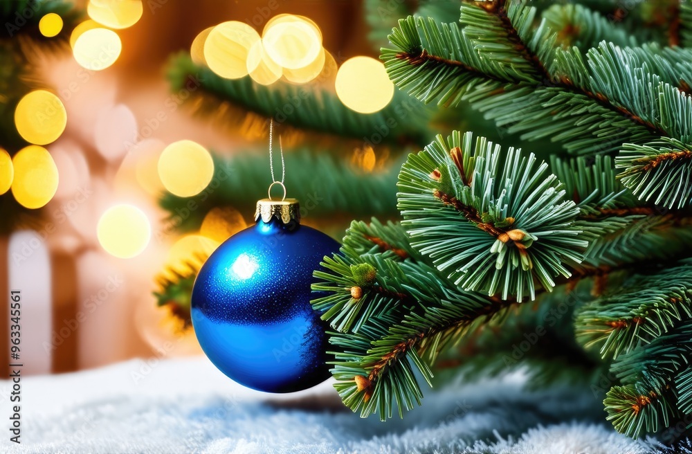 Banner with space for an inscription. Close-up of Christmas tree branches with blue shiny balls on a beige background with bokeh lights. Christmas card.