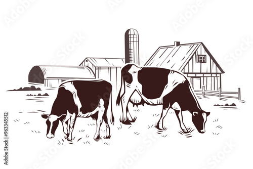 Cows grazing on meadow. Sketch vector illustration