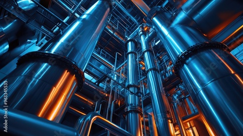 The powerful steel tanks and complex pipelines of a hydrogen production facility, representing modern industrial energy.