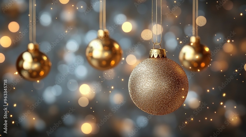 Elegant golden Christmas ornaments hanging against a shimmering backdrop, perfect for holiday-themed designs and decor. Elegant golden Christmas ornaments hanging against a shimmering backdrop, perfect for holiday-themed designs and decor.