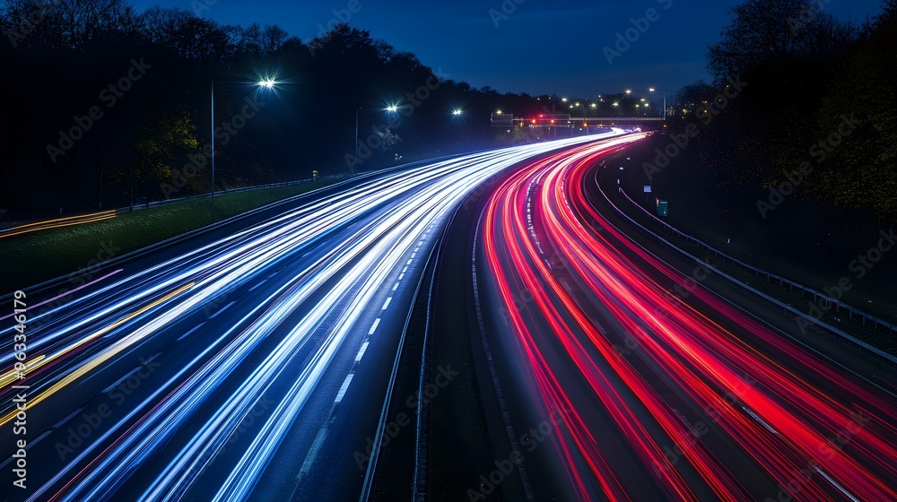 Luminous light trails and busy highway traffic captured in a long exposure photograph at night. Luminous light trails and busy highway traffic captured in a long exposure photograph at night.