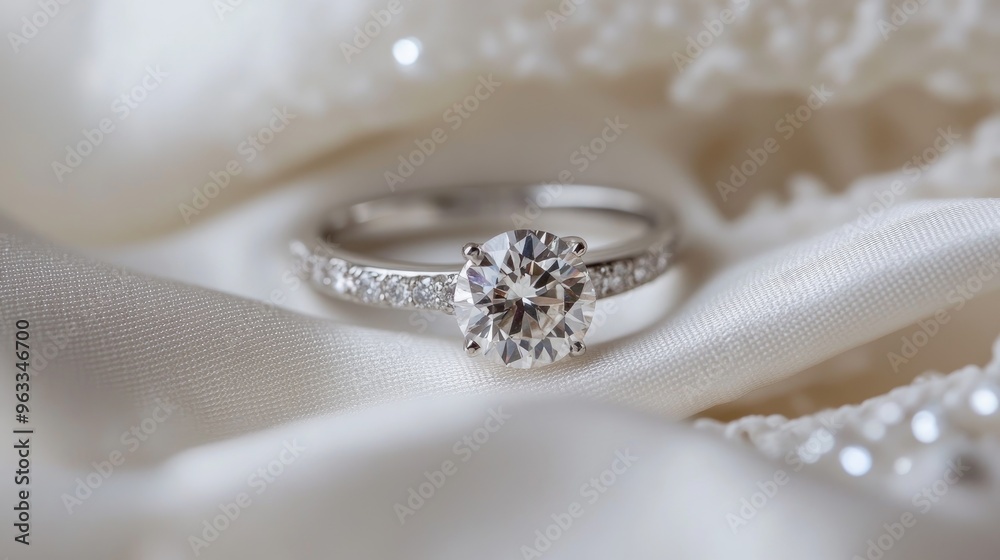 The sparkle of an engagement ring contrasts beautifully against the soft white fabric of a wedding dress. The sparkle of an engagement ring contrasts beautifully against the soft white fabric of a wedding dress.