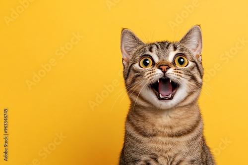 Curious tabby cat gazes upward against a vibrant orange background during a sunny afternoon