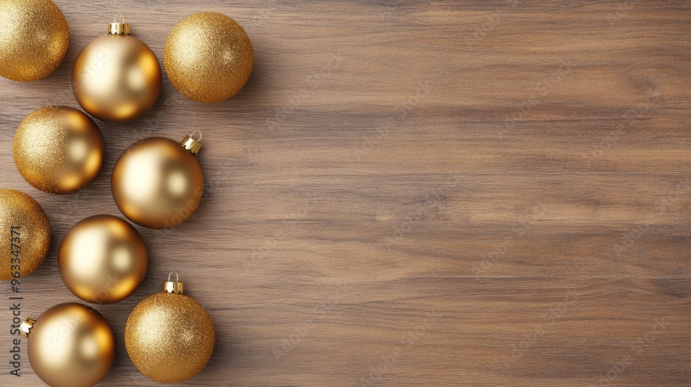 Naklejka premium Elegant golden ornaments rest on a wooden surface, perfect for holiday decorations and festive celebrations.