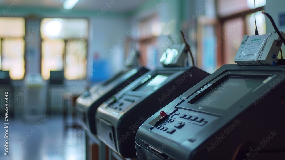 Modern Voting Machines Setup in a Bright Polling Station Modern Voting Machines Setup in a Bright Polling Station