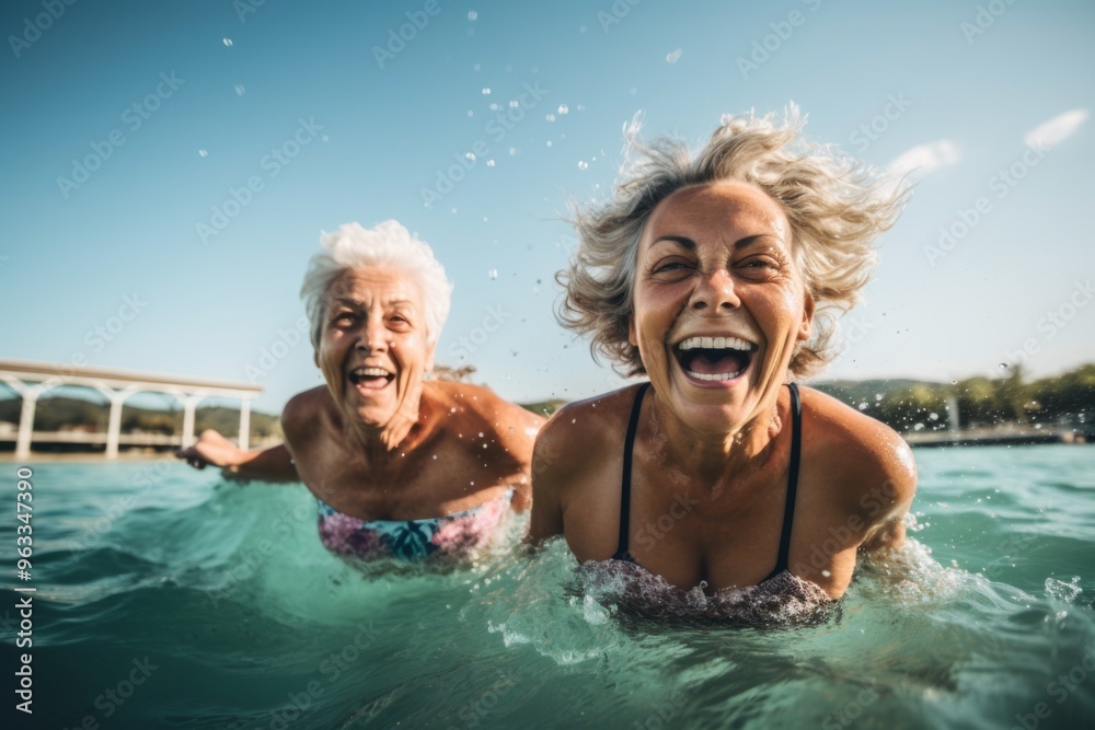 Fototapeta premium Portrait of diverse senior women swimming in lake