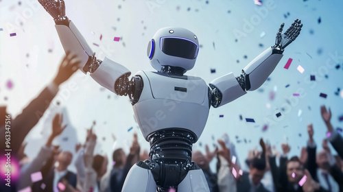A humanoid robot raises its arms in celebration alongside cheerful office workers