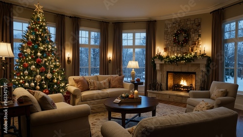 living room with Christmas tree 