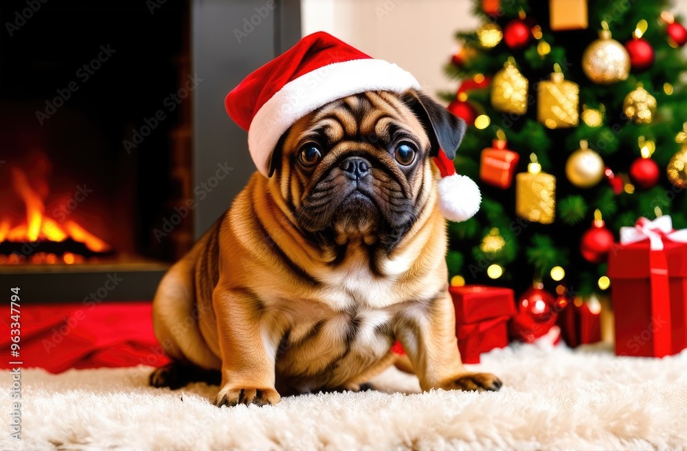 A cute pug dog in a Santa Claus hat sits by the fireplace next to a Christmas tree decorated for Christmas and gifts. Christmas card. A cute pug dog in a Santa Claus hat sits by the fireplace next to a Christmas tree decorated for Christmas and gifts. Christmas card.