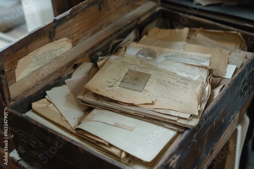 Stack of old letters, documents and envelopes with stamps resting in a dusty wooden box