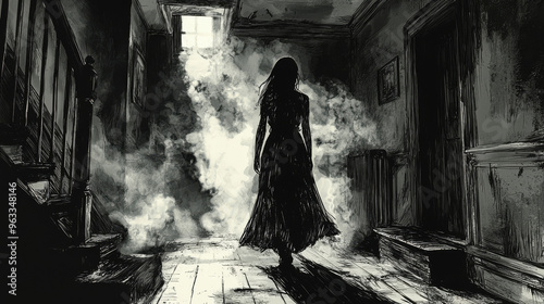 A woman walks through a mysterious hallway.