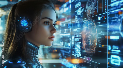 A futuristic female cyborg closely examining data on a transparent digital interface, symbolizing advanced AI integration and high-tech data analysis in a futuristic environment.