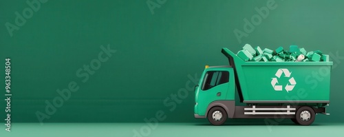 Sustainable waste management icon, recycling truck and bin, clean city, 3D illustration