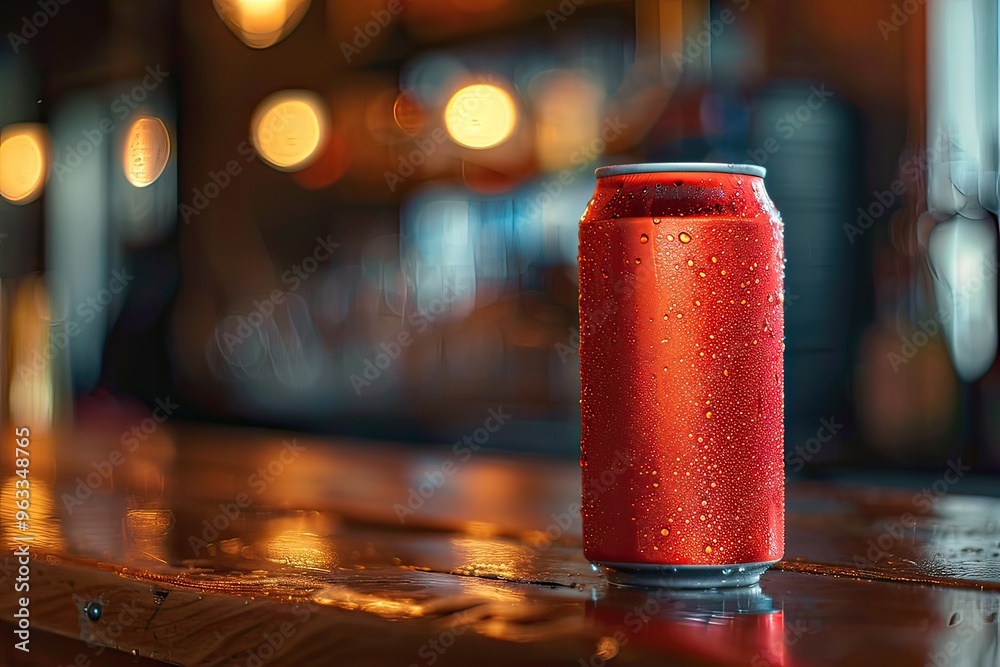 Red aluminum can, with drip condensation, on the bar counter, with drink, water, energy drink, beer, juice, alcohol or soda Red aluminum can, with drip condensation, on the bar counter, with drink, water, energy drink, beer, juice, alcohol or soda