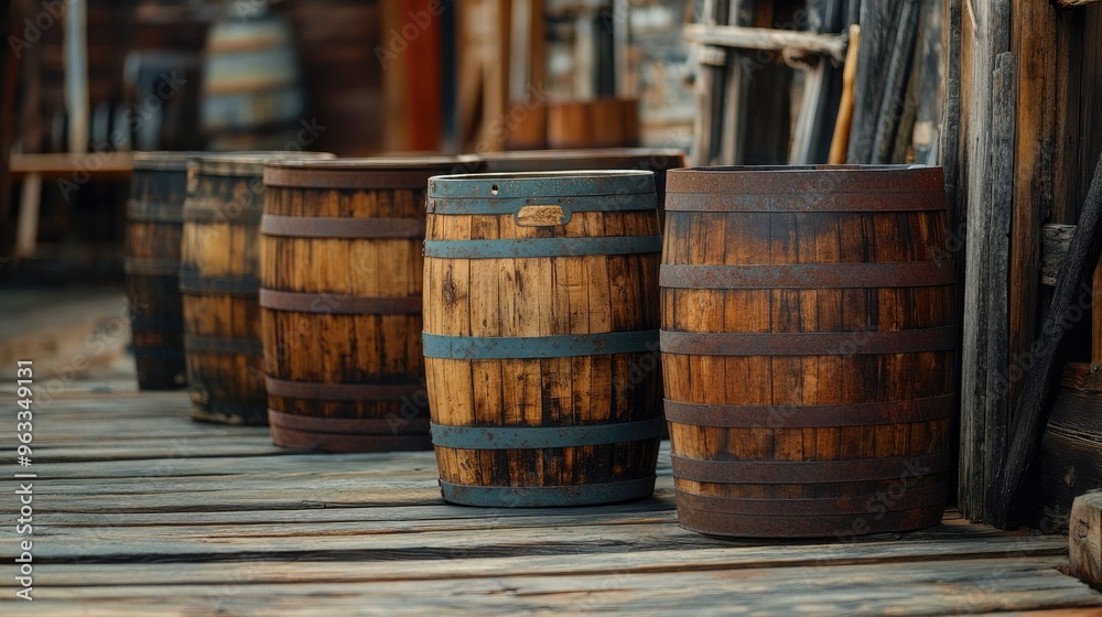 Weathered wooden oil barrels line a rustic setting, preserving the past and offering eco-friendly storage solutions. Weathered wooden oil barrels line a rustic setting, preserving the past and offering eco-friendly storage solutions.