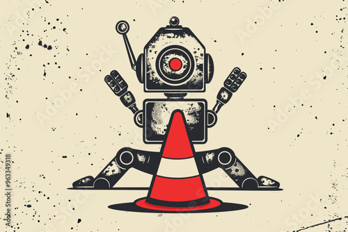 Warning Sign with Red Cone Prohibiting Robots, Reflecting Fear of Rapid Technological and AI Advancement