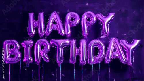 Purple metallic letter balloons spelling happy birthday; multi-colored light reflections