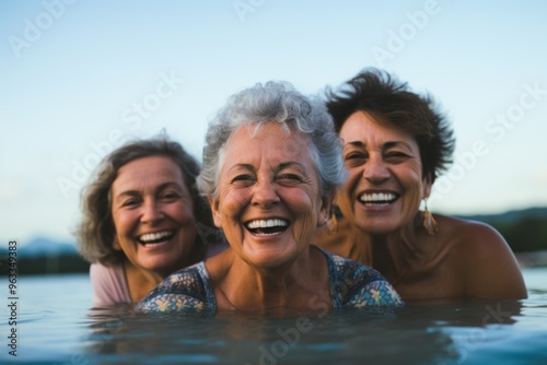 Portrait of diverse senior women swimming in lake