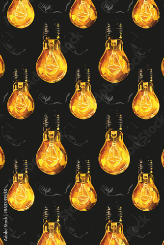 Seamless Pattern of Light Bulbs on Black Background, Symbolizing Inspiration and Innovation for Big Ideas and Brainstorming