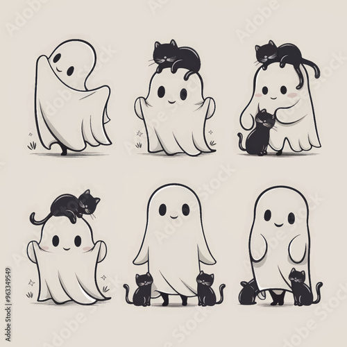 funny halloween cute ghost illustration with black cat