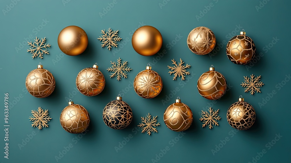 Festive golden ornaments and snowflakes arranged beautifully on a teal background, perfect for holiday celebrations and decorations. Festive golden ornaments and snowflakes arranged beautifully on a teal background, perfect for holiday celebrations and decorations.