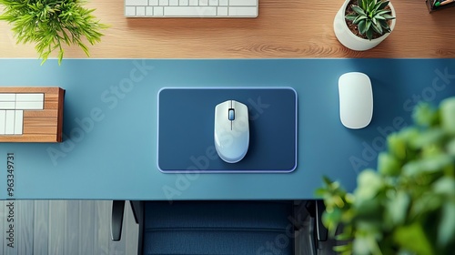 Ergonomic  workplace  functionality Top-down view of an ergonomic workspace with a gel mouse pad and wrist rest, Ergonomic accessories, Health-focused office tools photo