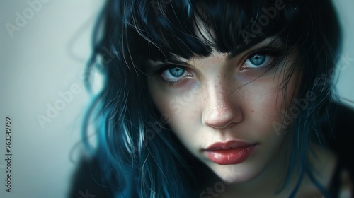 portrait of a teenage girl with blue hair and light eyes and freckles