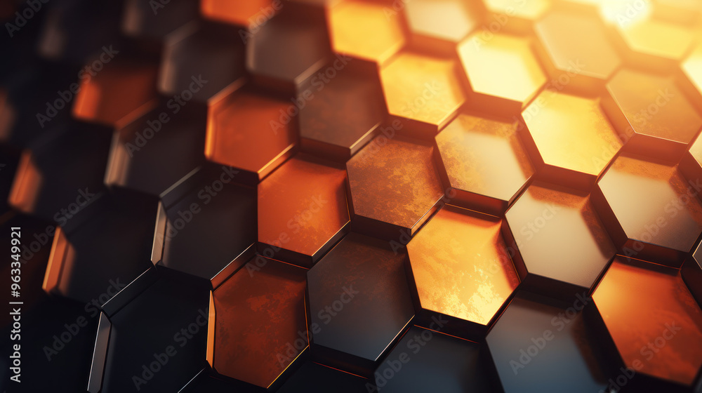 Hexagon background. Close-up view of a surface made up of hexagonal shapes, honeycomb pattern. Tessellation, geometric wallpaper. Three-dimensional, depth and modern design. Hexagon background. Close-up view of a surface made up of hexagonal shapes, honeycomb pattern. Tessellation, geometric wallpaper. Three-dimensional, depth and modern design.